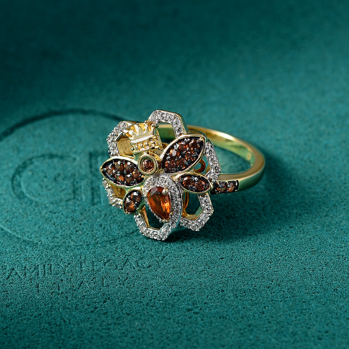 GP HoneyComb Collection - Madeira Citrine, White Zircon, Natural Champagne Zircon Queen Bee Ring in 18K Vermeil Yellow Gold Plated Sterling Silver 1.07 Ct. 8089689 2