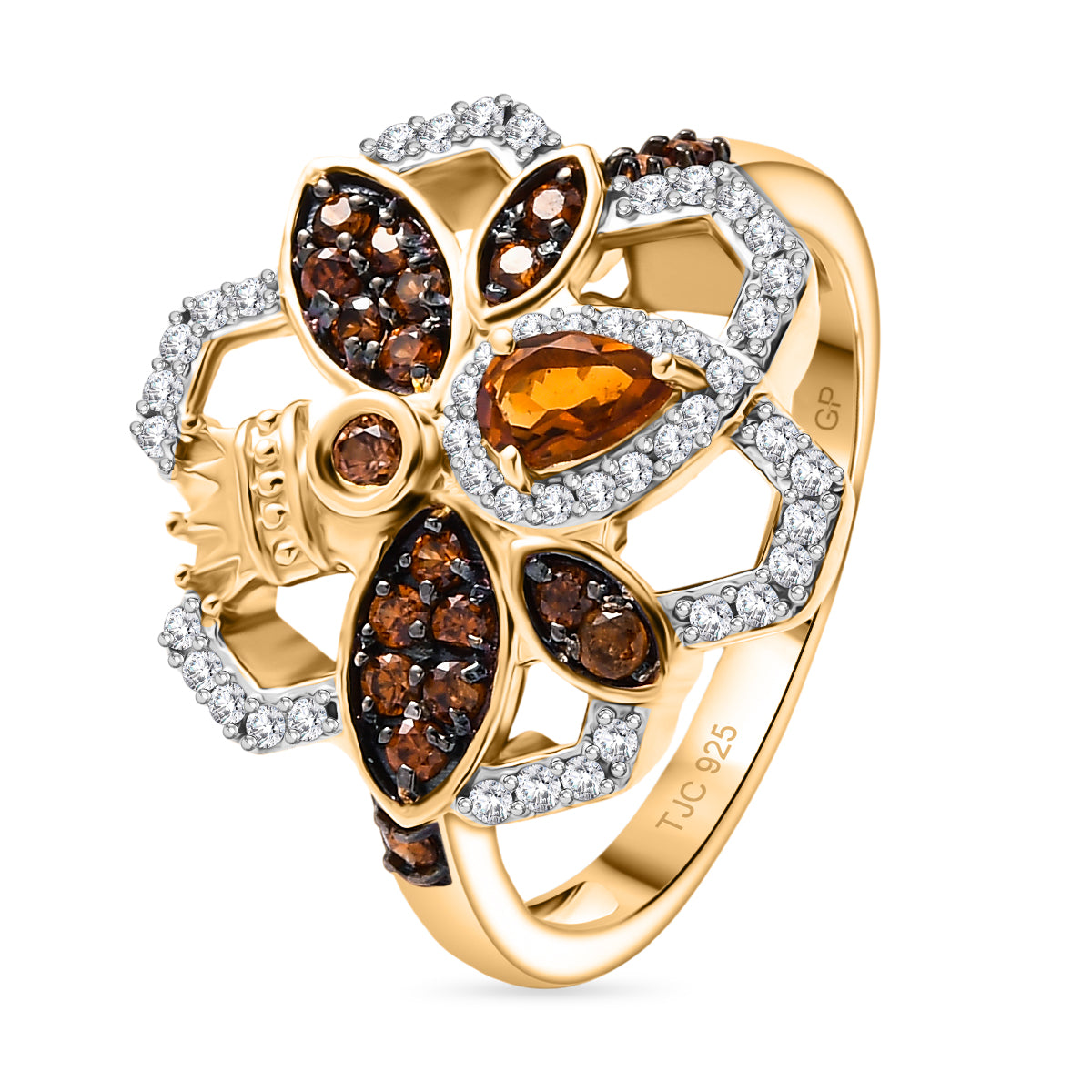 GP HoneyComb Collection - Madeira Citrine, White Zircon, Natural Champagne Zircon Queen Bee Ring in 18K Vermeil Yellow Gold Plated Sterling Silver 1.07 Ct. 8089689 3