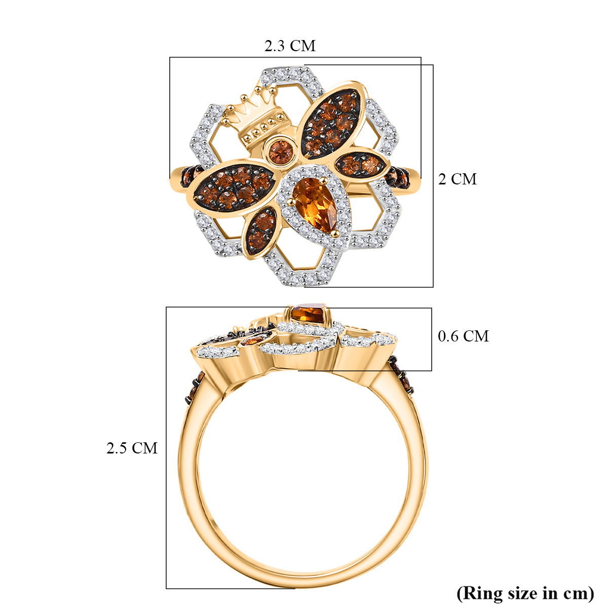 GP HoneyComb Collection - Madeira Citrine, White Zircon, Natural Champagne Zircon Queen Bee Ring in 18K Vermeil Yellow Gold Plated Sterling Silver 1.07 Ct. 8089689 6
