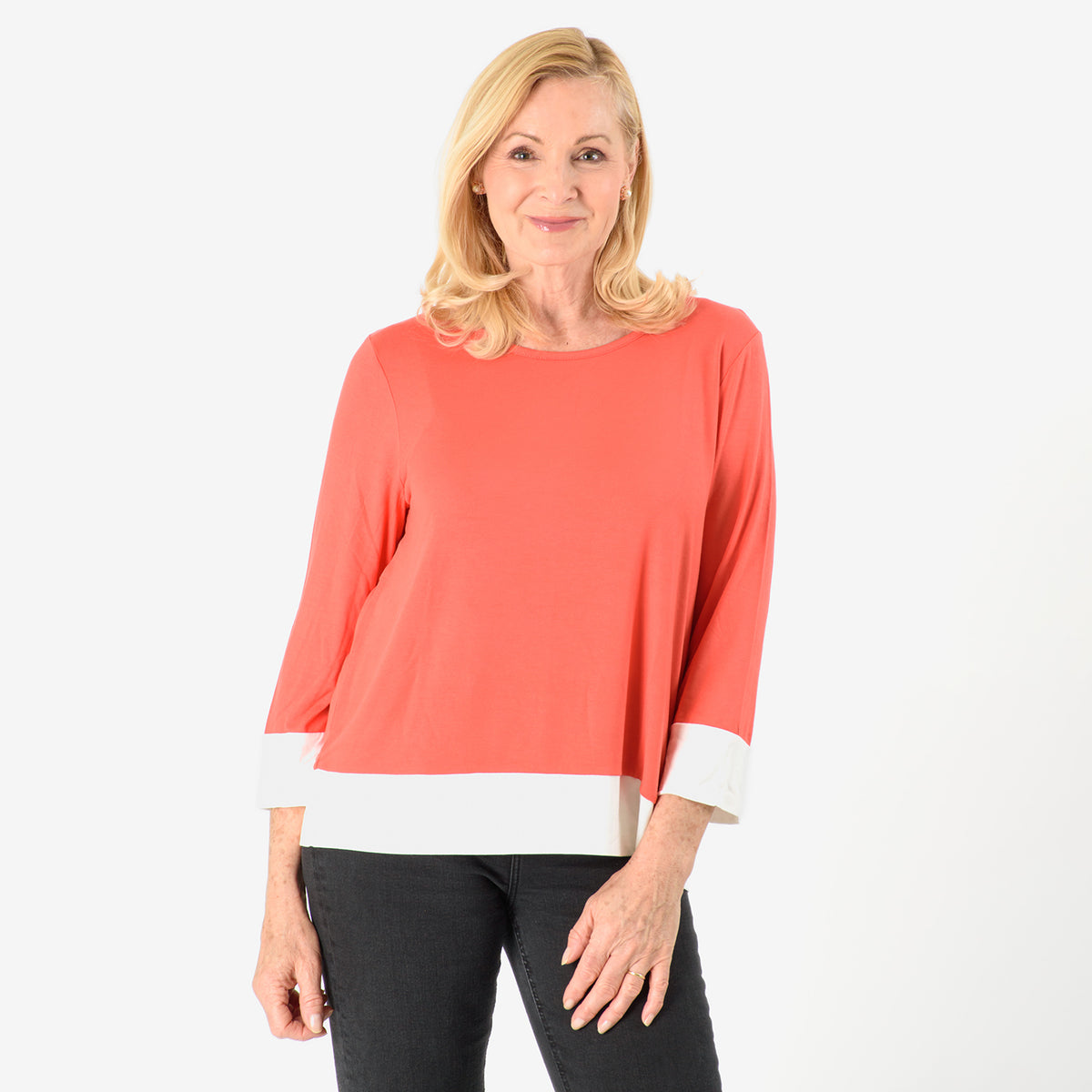 Hem &amp; Cuff Color Block Top (Size 24 to 26) - Red &amp; Ivory V32563552 0