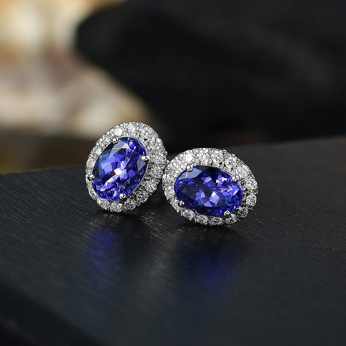 Certified &amp; Appraised RHAPSODY AAAA Tanzanite, White Diamond Halo Push Post Earring in 950 Platinum, (EF, VS) 2.27 Ct. 8094949 2