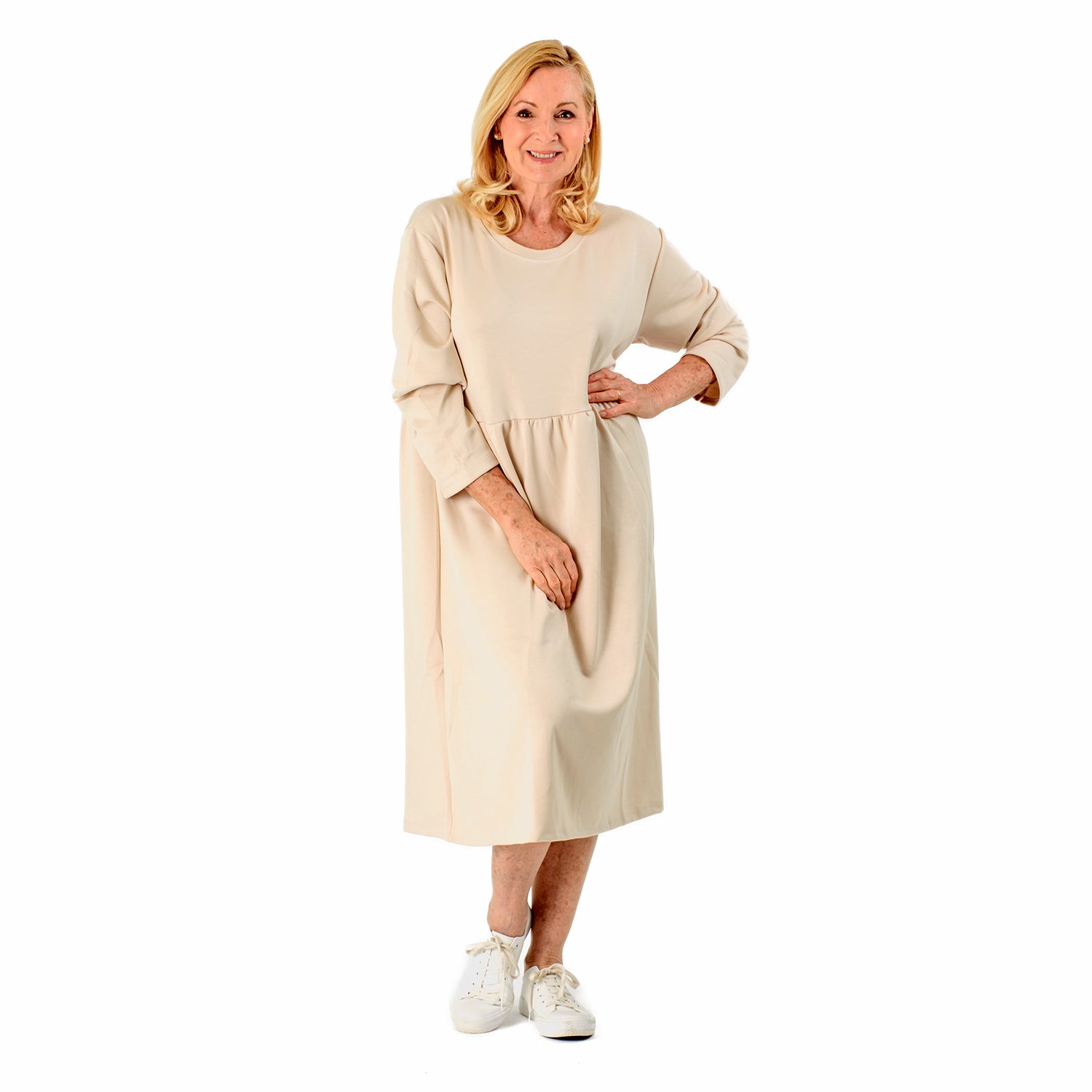 Casual Long Sleeve Sweat Smock Dress (Size - One Size 8-20) - Stone 8097718 0