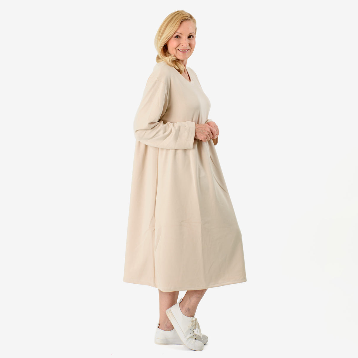 Casual Long Sleeve Sweat Smock Dress (Size - One Size 8-20) - Stone 8097718 4