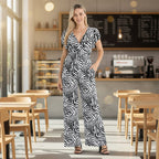 Tamsy Zebra Print Smocked Waist Stretch Jersey Wide Leg Jumpsuit (Size XL, 20-22) - Black_8098680_1
