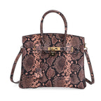 Genuine Leather Snakeskin Pattern Crossbody Bag with Top Handle - Pink & Black_8099103