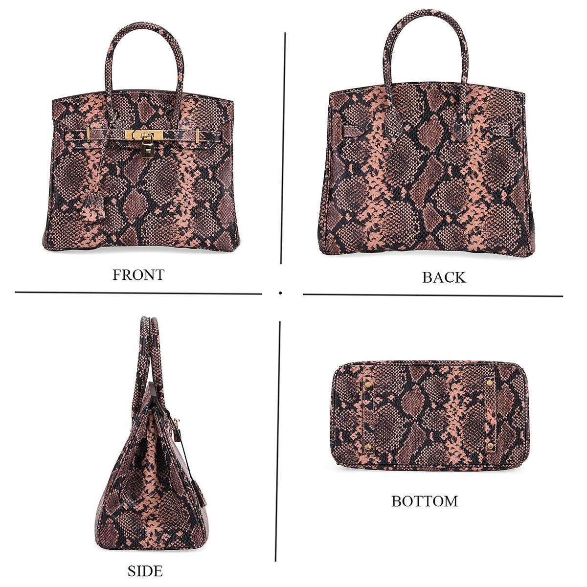 Genuine Leather Snakeskin Pattern Crossbody Bag with Top Handle - Pink and Black V32581210 4