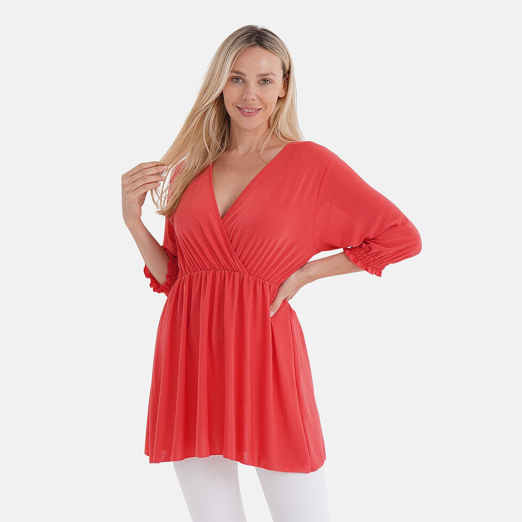 Tamsy Smocked Waist V-Neck Top (One Size) - Orange_8100117_3