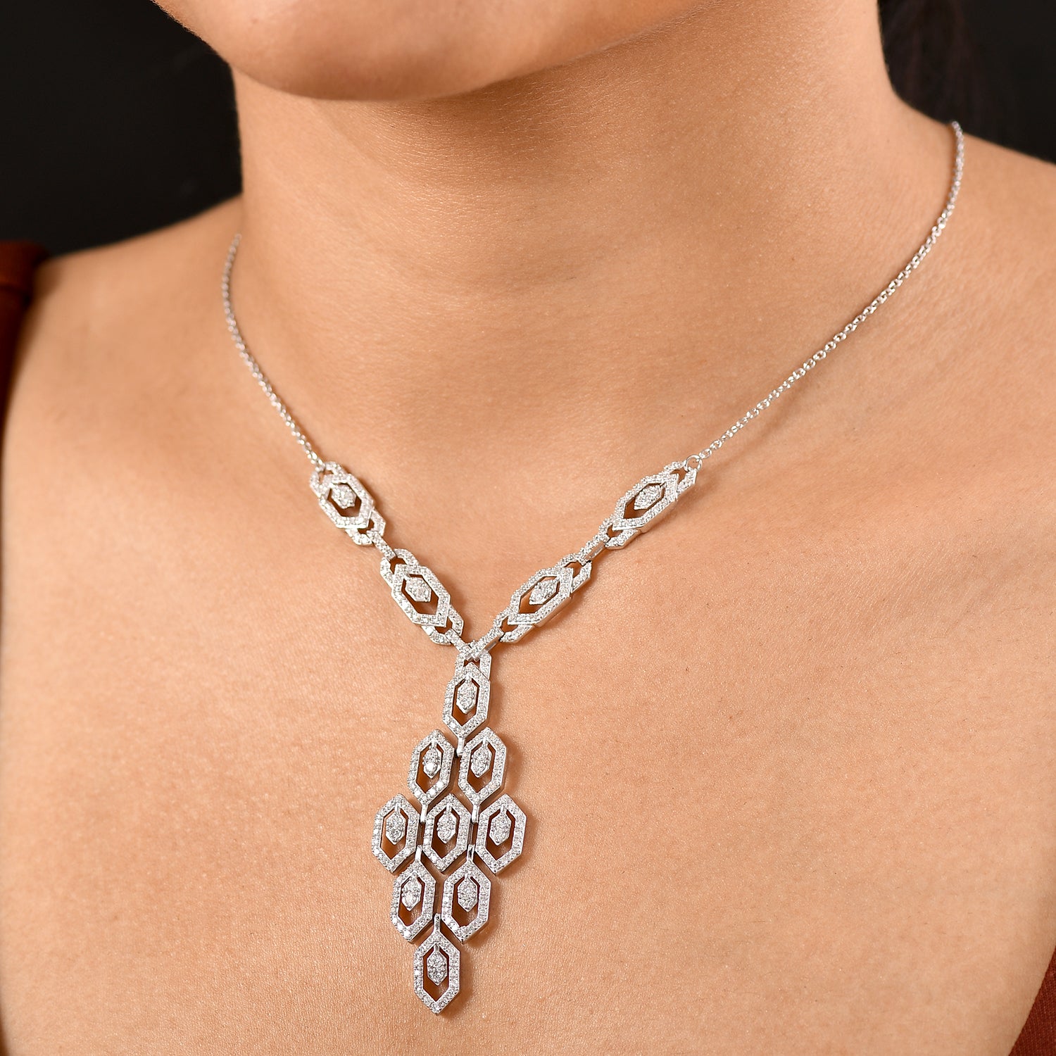 LUXURIANT 2.34 Ct Lab Grown Diamond Cluster Necklace (Size 20) with Lobster Clasp in Rhodium Overlay Sterling Silver 8100416 2