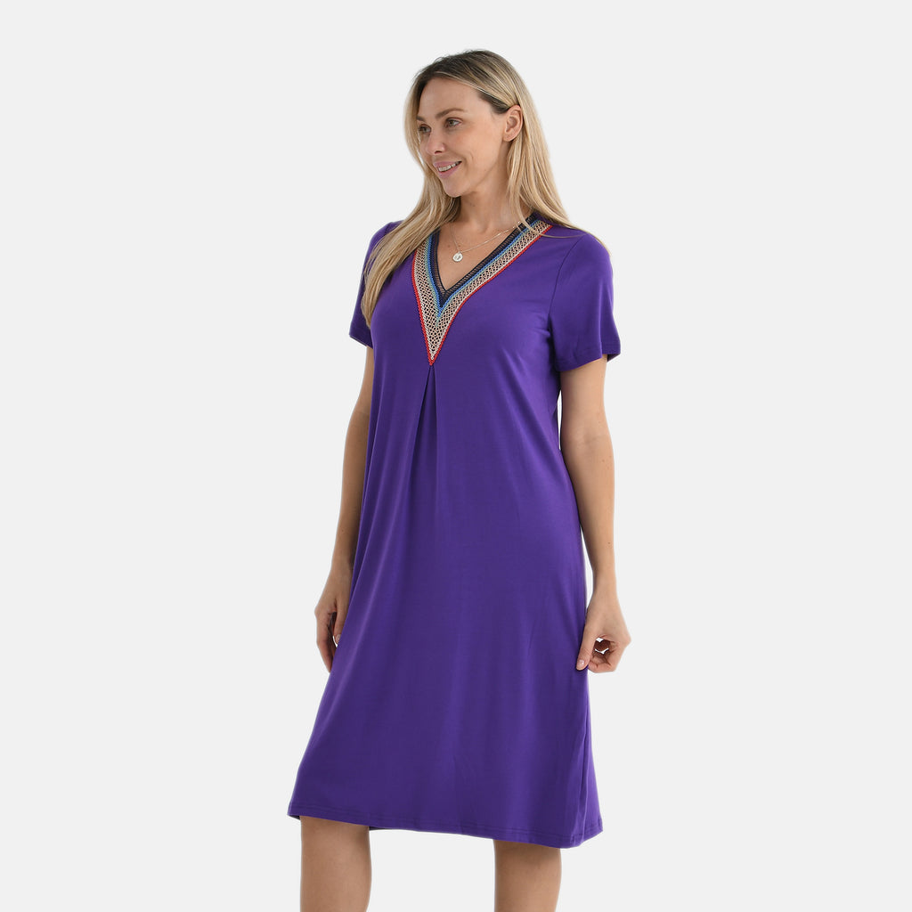 La Marey Casual Short Sleeve V-Neck Midi Dress with Embroidered Lace Trim (Size L) - Purple_8101120_2