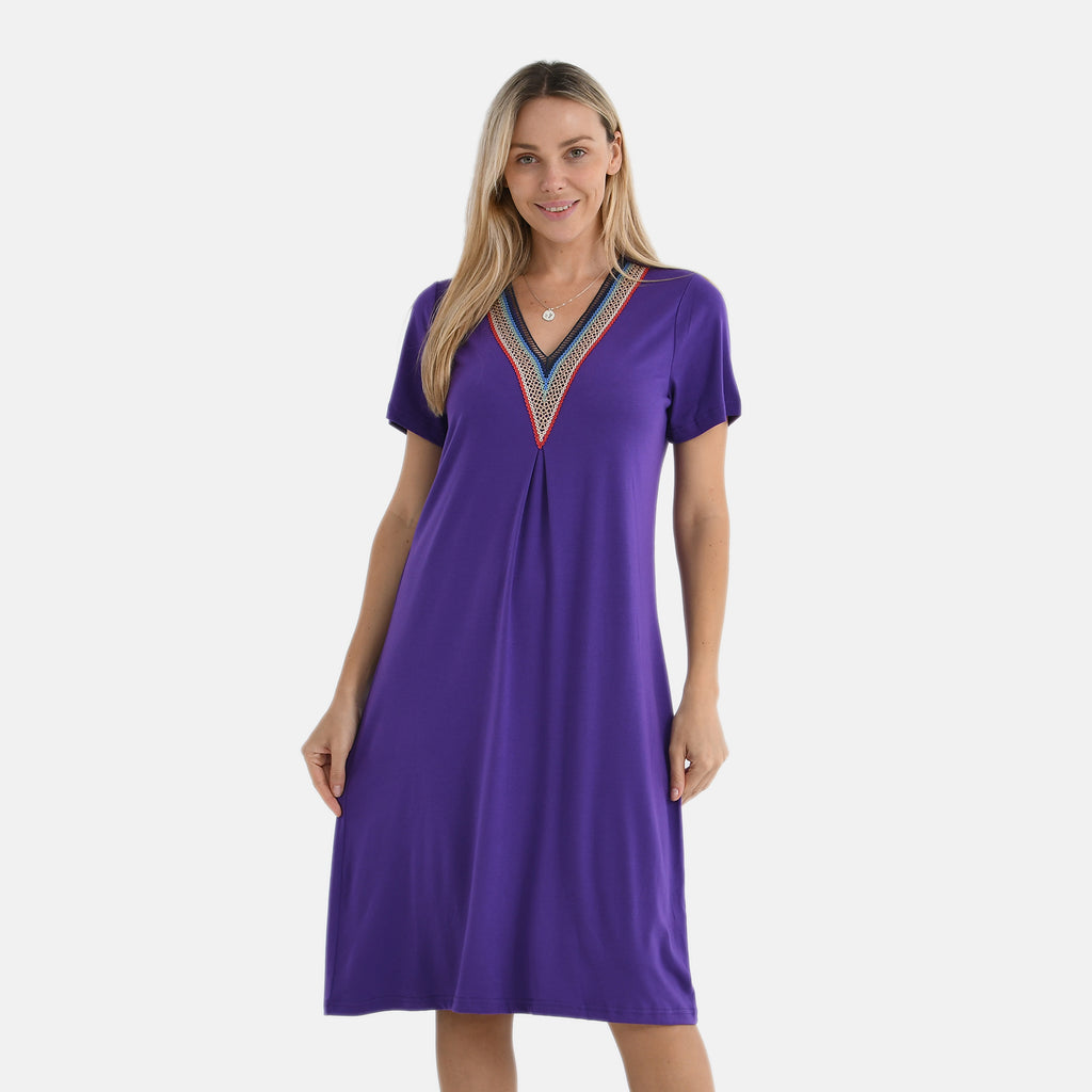 La Marey Casual Short Sleeve V-Neck Midi Dress with Embroidered Lace Trim (Size L) - Purple_8101120_3