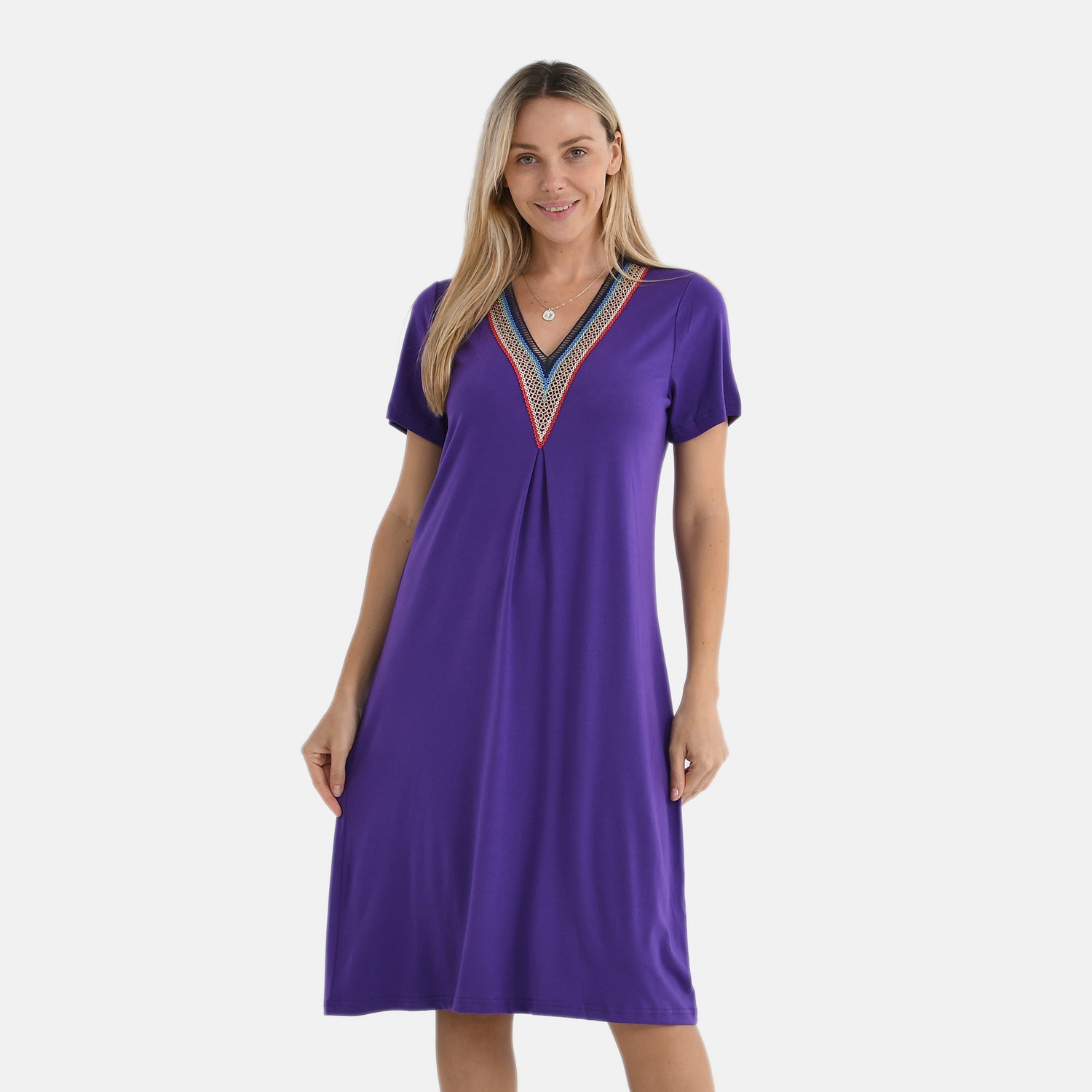 La Marey Casual Short Sleeve V-Neck Midi Dress with Embroidered Lace Trim (Size L) - Purple V32519717 4