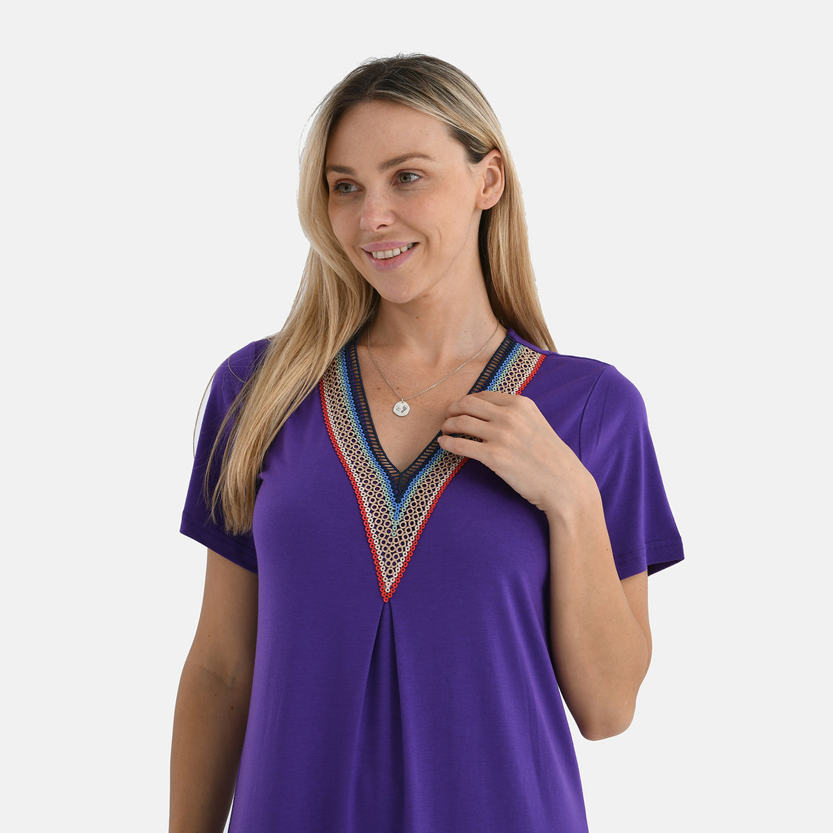 La Marey Casual Short Sleeve V-Neck Midi Dress with Embroidered Lace Trim (Size L) - Purple V32519717 5