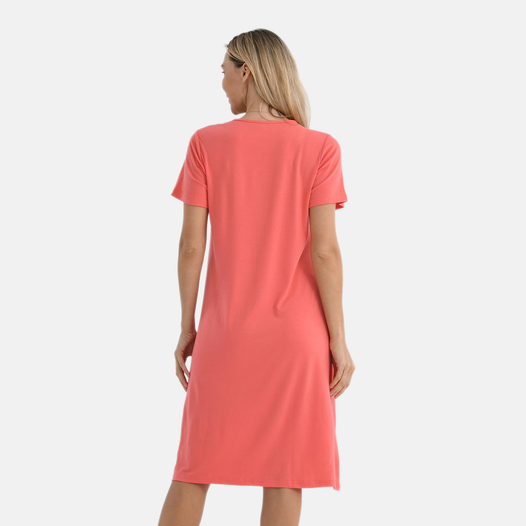 La Marey Casual Short Sleeve V-Neck Midi Dress with Embroidered Lace Trim (Size L) - Orange_8101149_1