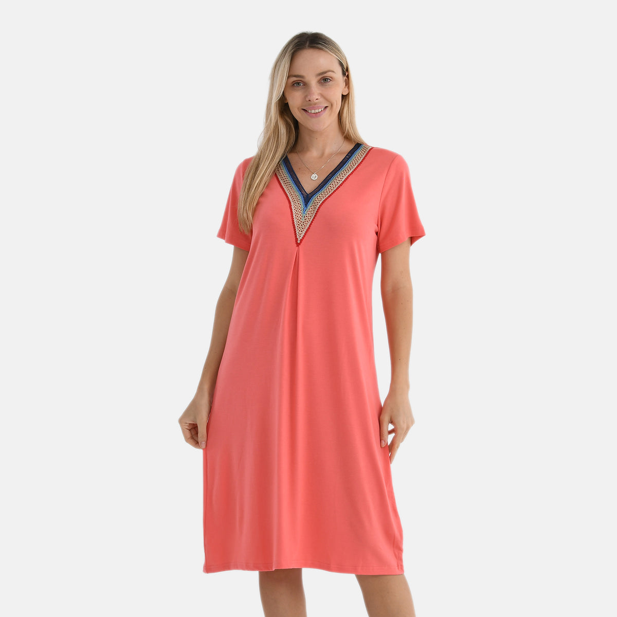 La Marey Casual Short Sleeve V-Neck Midi Dress with Embroidered Lace Trim (Size L) - Orange V32534234 4