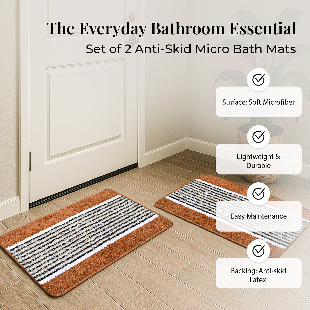 Set of 2- Anti-Skid Micro Bath Mats (Size 58x38cm) - Tan 8101391 2