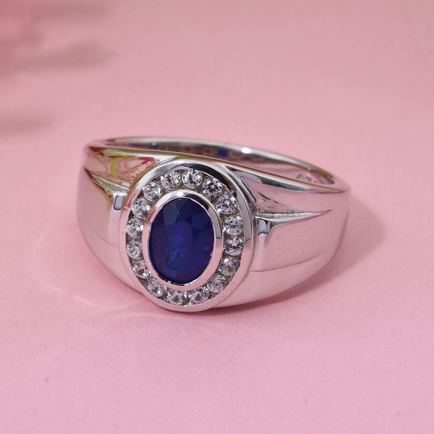 Blue Spinel, White Zircon Men's Halo Ring in Rhodium Overlay Sterling Silver 1.19 Ct. 8102176 1