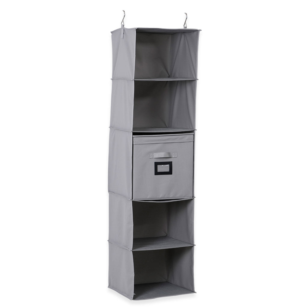 5-Shelf Hanging Closet Storage Organiser with Removable Drawer Box - Grey_8102242
