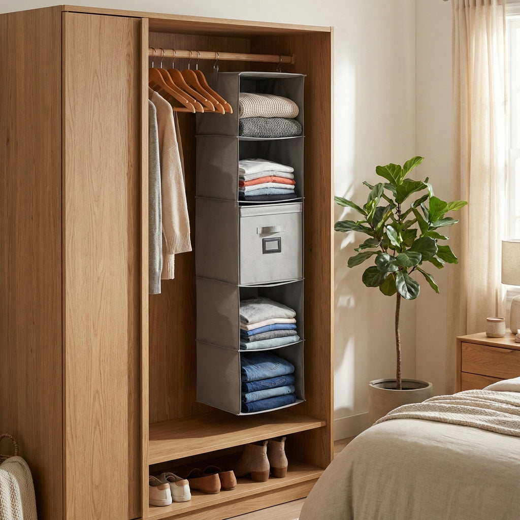 5-Shelf Hanging Closet Storage Organiser with Removable Drawer Box - Grey_8102242_1