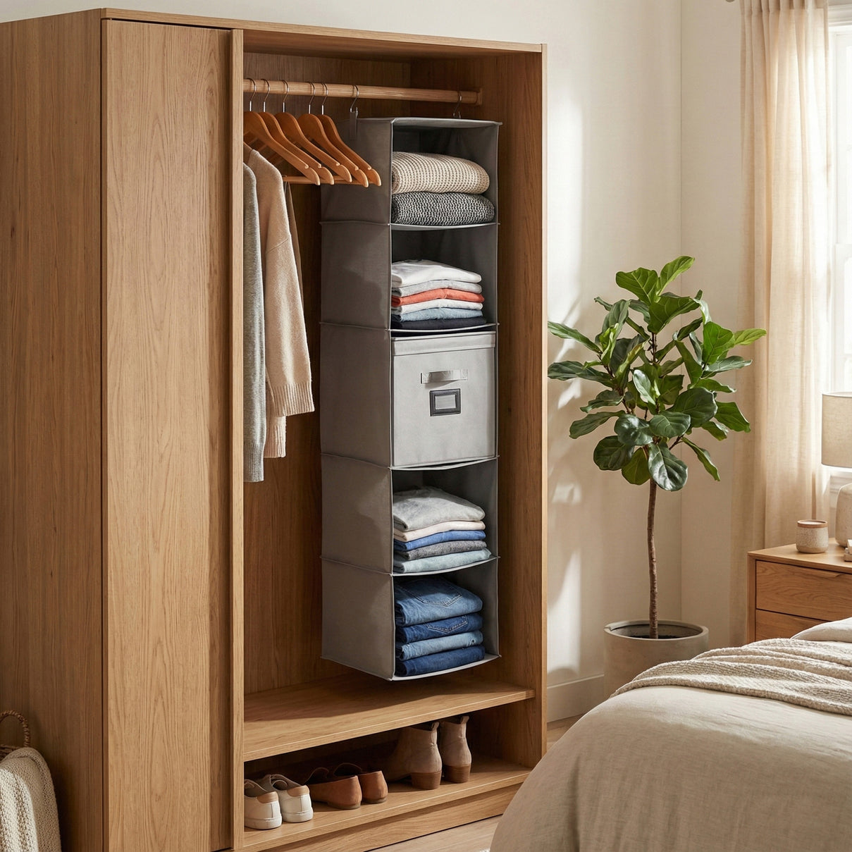 5-Shelf Hanging Closet Storage Organiser with Removable Drawer Box - Grey 8102242 1