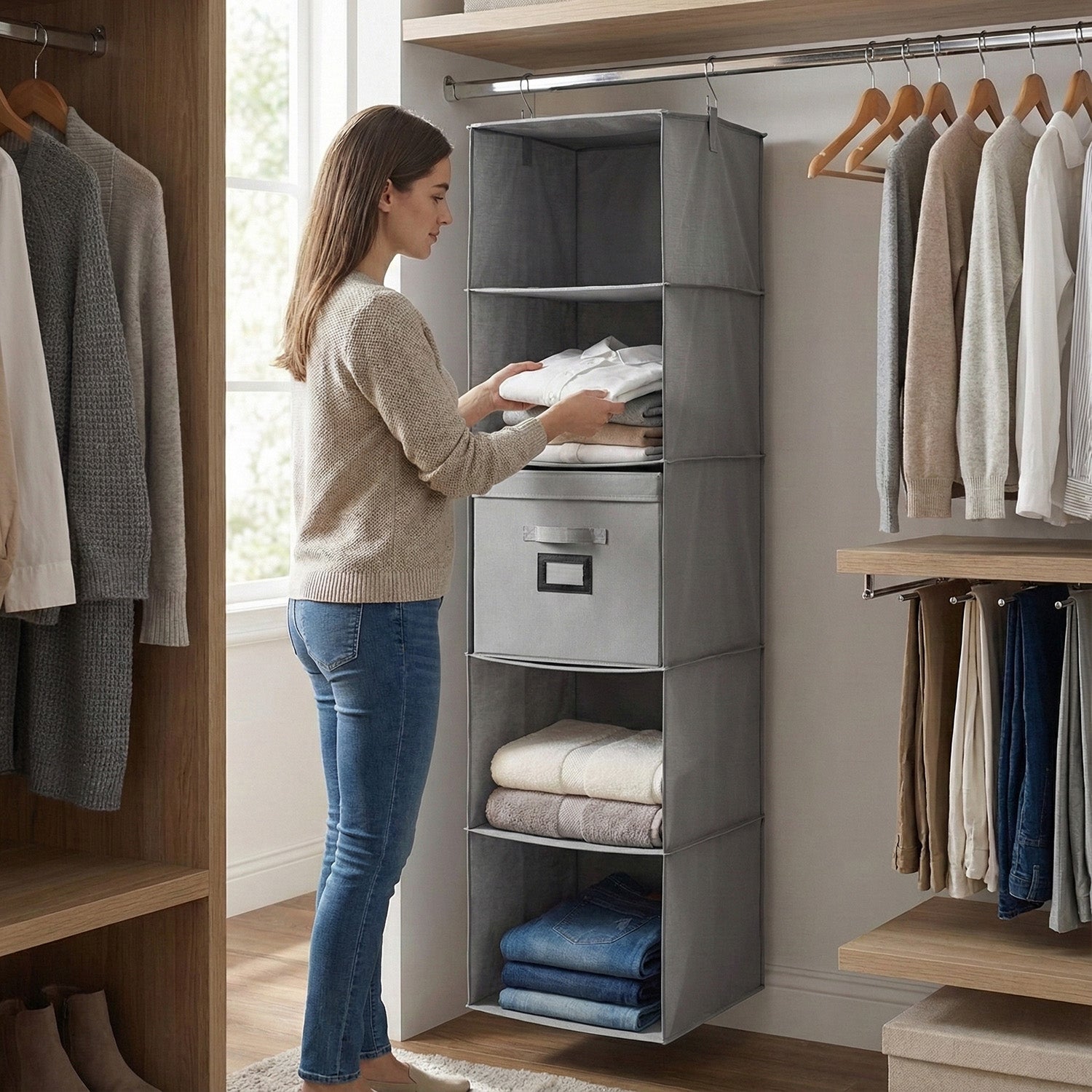 5-Shelf Hanging Closet Storage Organiser with Removable Drawer Box - Grey 8102242 2