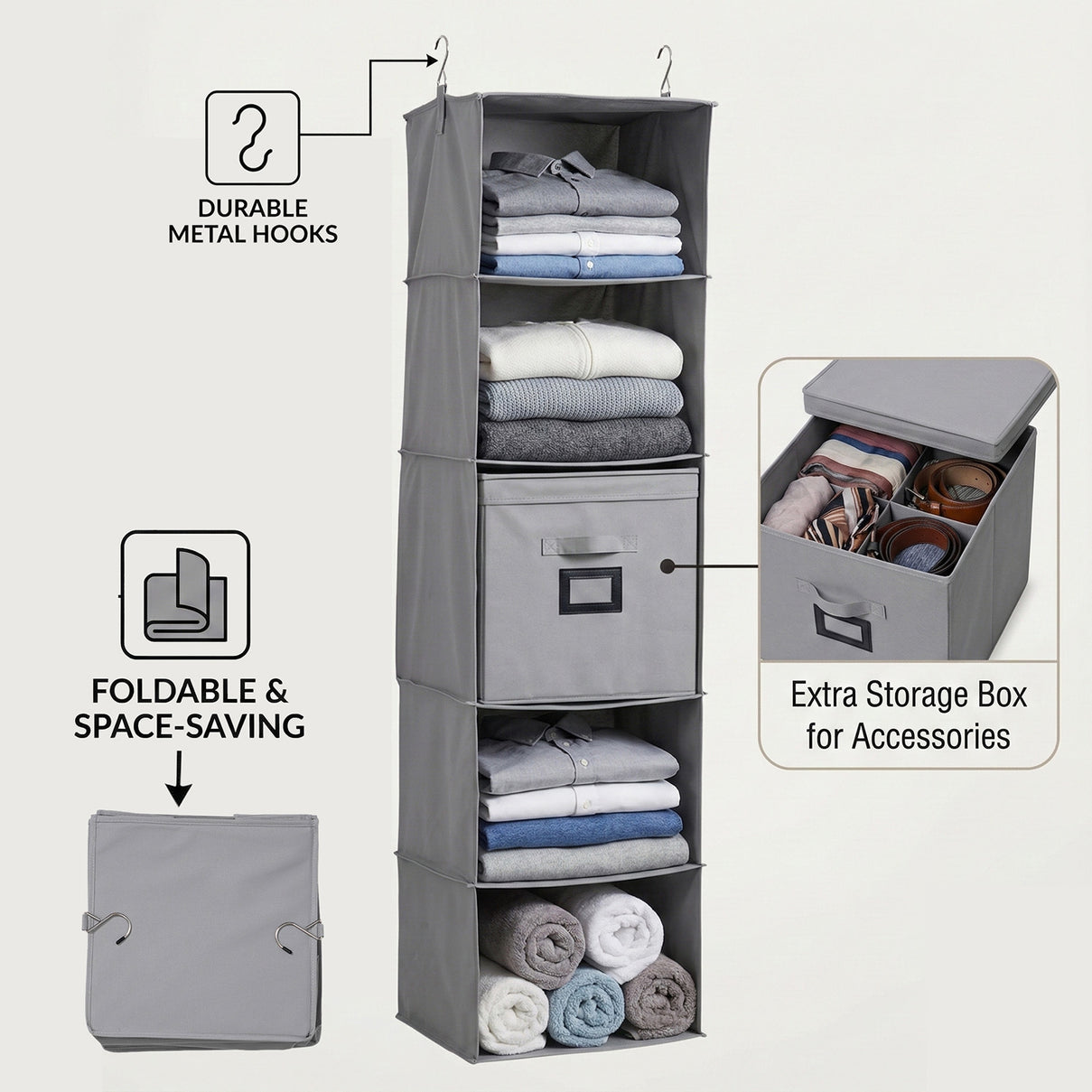 5-Shelf Hanging Closet Storage Organiser with Removable Drawer Box - Grey 8102242 3