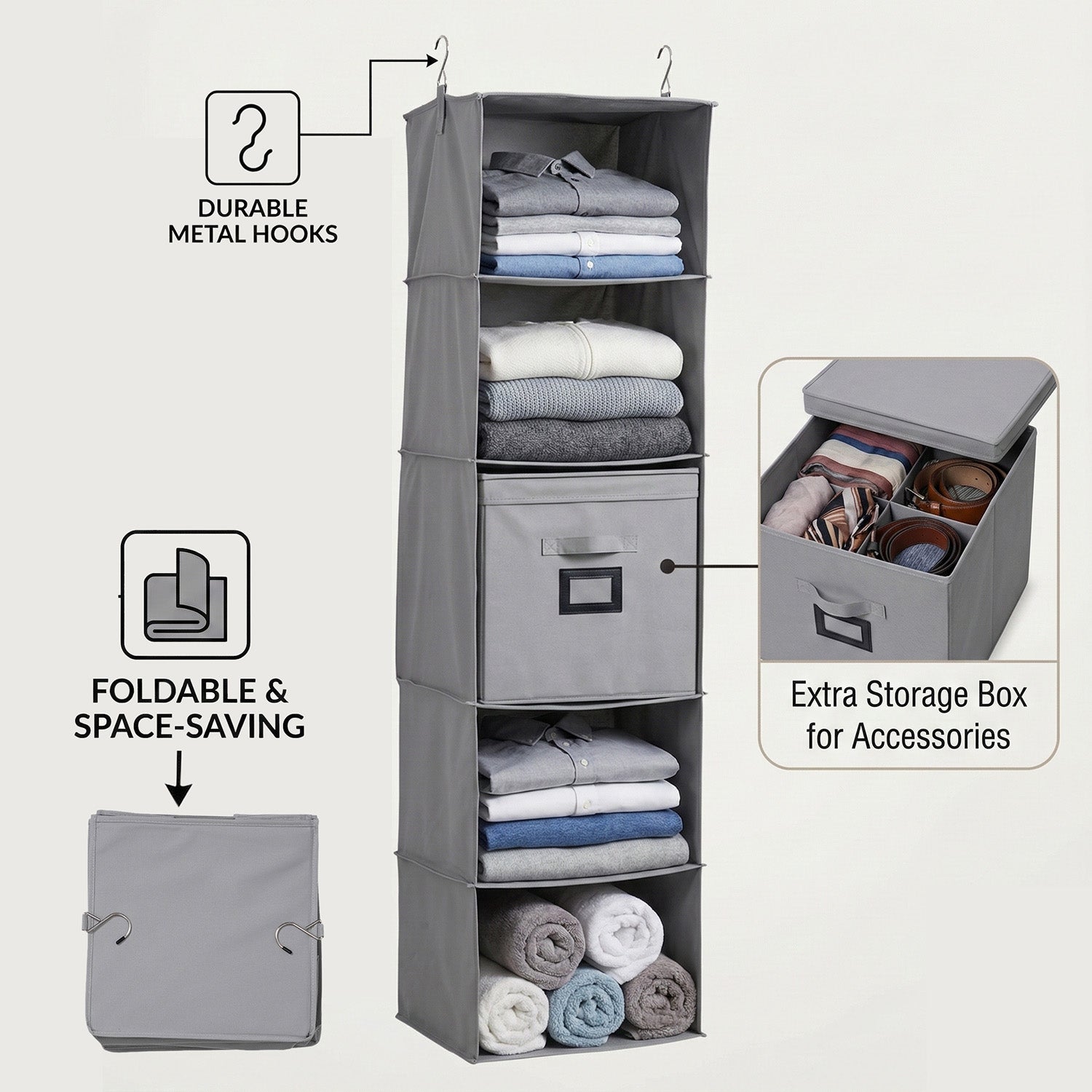 5-Shelf Hanging Closet Storage Organiser with Removable Drawer Box - Grey 8102242 3