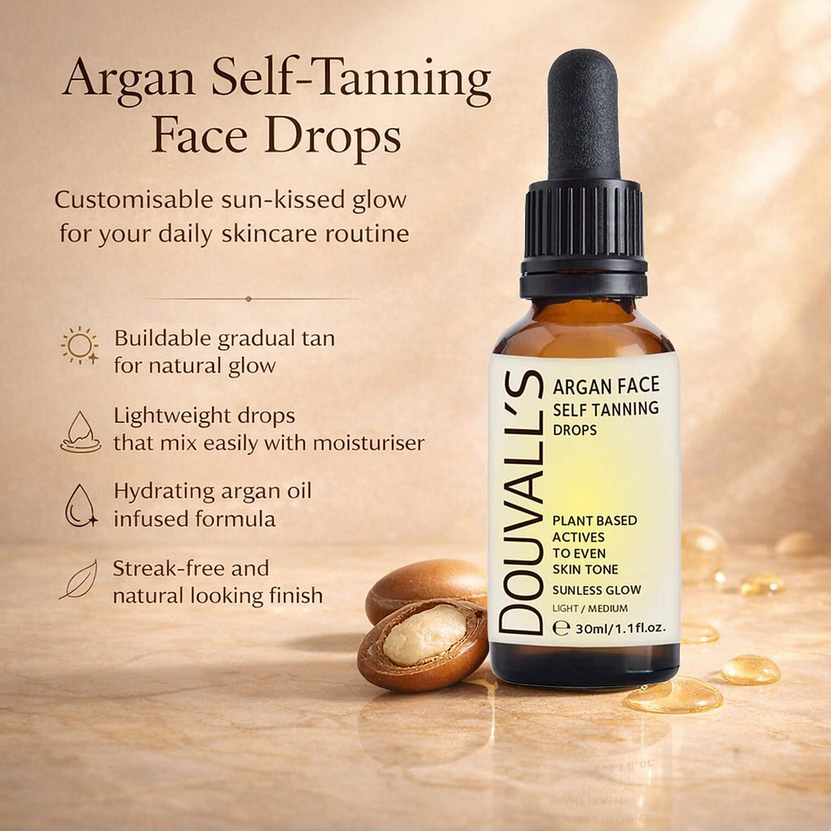 Douvall's Argan Face Self Tanning Drops 30ml: Light-Medium 8103302 3
