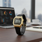 Ice Digit Retro Quartz Movt. 3ATM Water Resistance Grey Dial with Gold Colour Stainless Steel Case Unisex Watch with Black Silicone Band_8103760_1