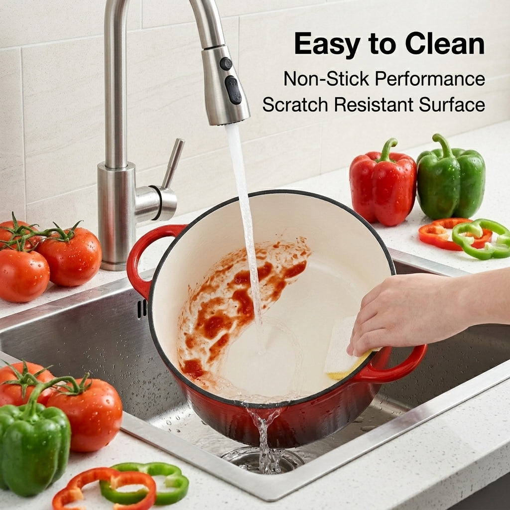 Cast Iron Round Casserole with Lid - 4L Capacity (24x32x10.7cm) - Burgundy_8104295_6