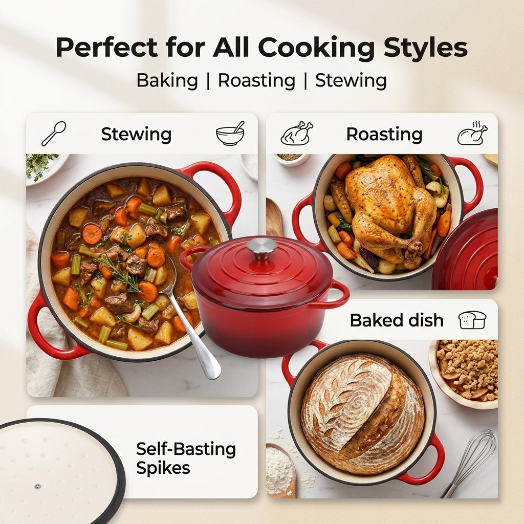 Cast Iron Round Casserole with Lid - 4L Capacity (24x32x10.7cm) - Burgundy_8104295_7