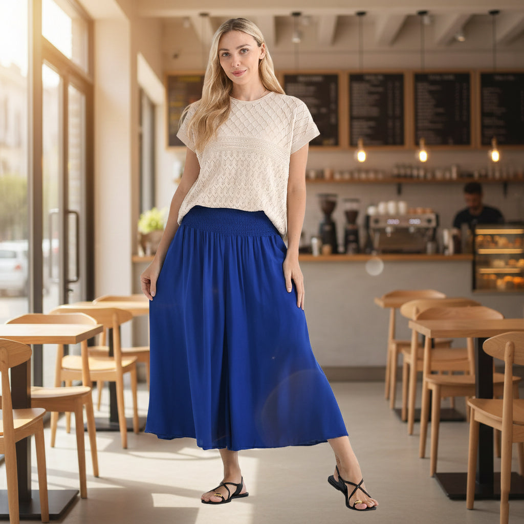 Tamsy Womens Viscose Wide Leg Smocked Waist Culottes (One Size Curve - 20 to 26 - 20inch Inside Leg) - Blue_8107981_1