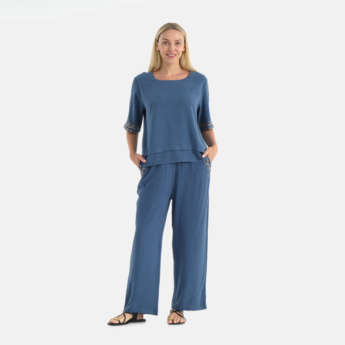 LA MAREY Womens Linen Blend Relaxed Fit Embroidered Top (Size XL, 20-22) - Blue V32556719 0