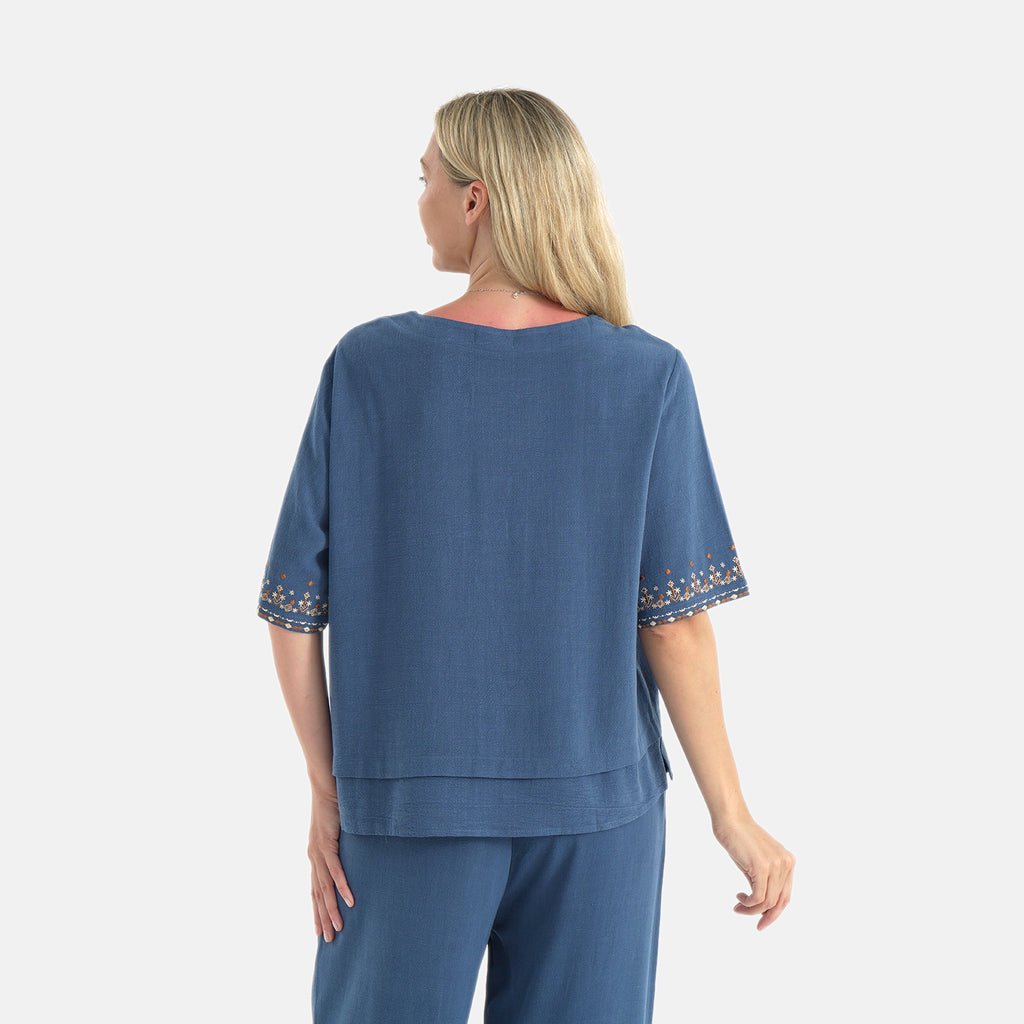 LA MAREY Womens Linen Blend Relaxed Fit Embroidered Top (Size XL, 20-22) - Blue_8109621_1