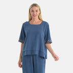 LA MAREY Womens Linen Blend Relaxed Fit Embroidered Top (Size XL, 20-22) - Blue_8109621_3
