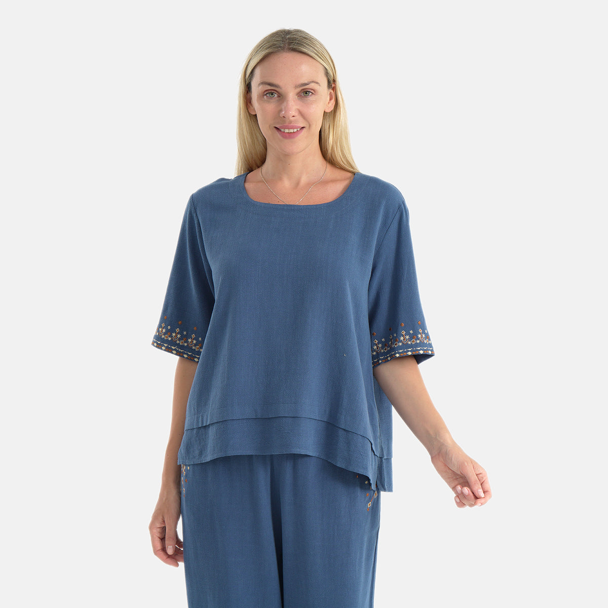 LA MAREY Womens Linen Blend Relaxed Fit Embroidered Top (Size XL, 20-22) - Blue V32556719 3