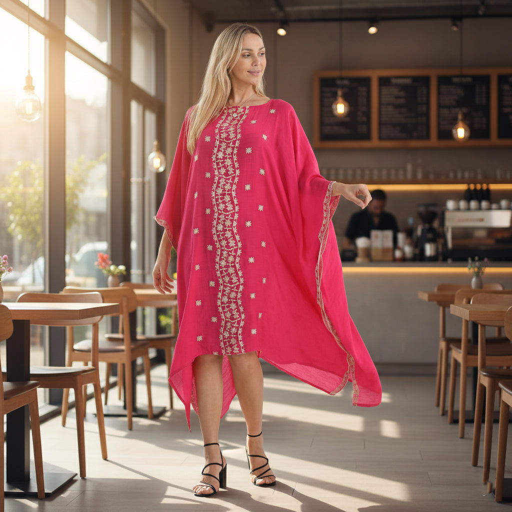 La Marey Elegant Bohemian Style Embroidery Kaftan Dress (One Size) - Pink_8110370_1