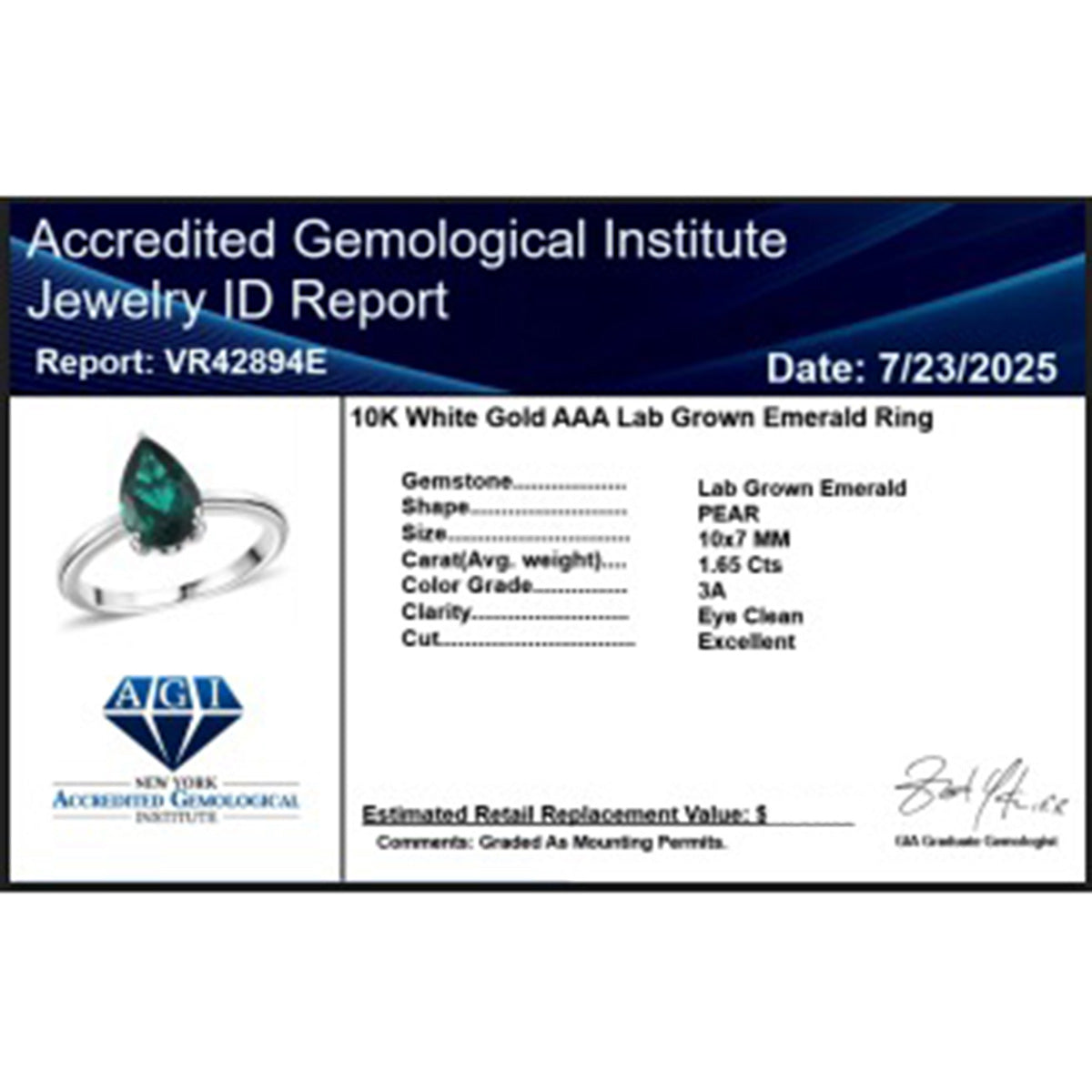 Certified and Appraised LUXURIANT 1.65 Ct. AAA Lab Grown Emerald Pear-Cut Solitaire Ring in 10K White Gold 8111850 7