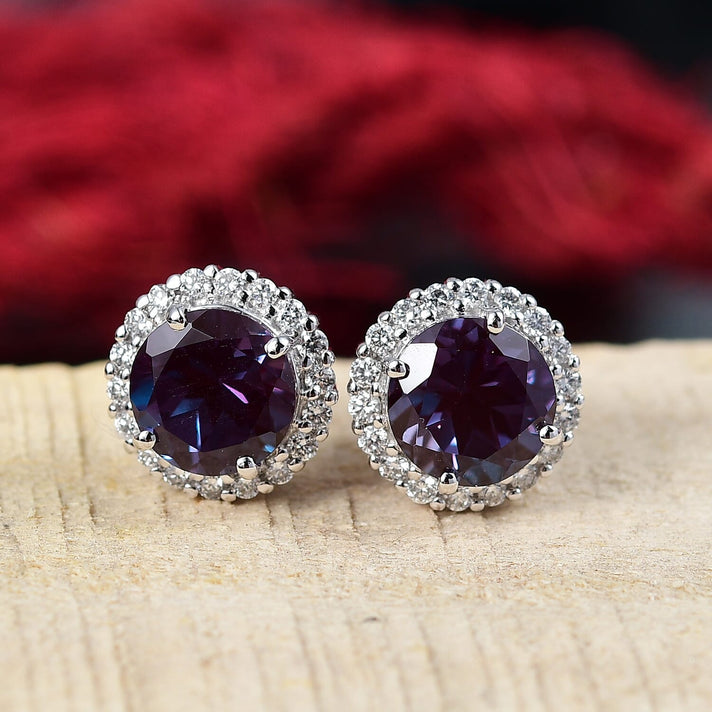 Certified &amp; Appraised LUXURIANT AAA Lab Grown Alexandrite, Lab Grown Diamond Halo Earring in 10K White Gold, 3.79 Ct. 8112099 2