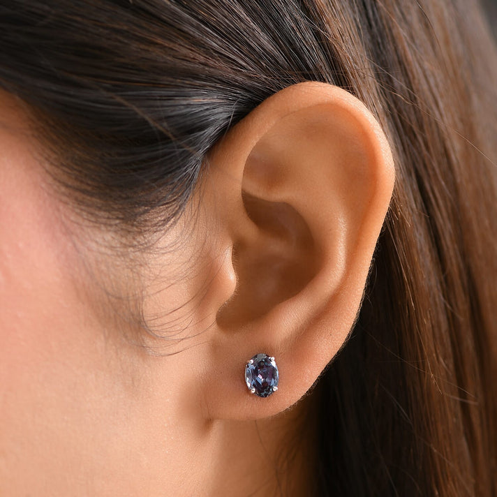 Certified &amp; Appraised LUXURIANT AAA Lab Grown Alexandrite Solitaire Stud Push Post Earring in 10K White Gold, 2.56 Ct. 8112264 2
