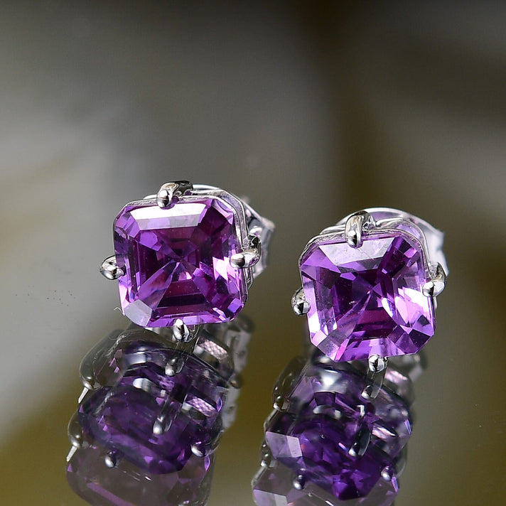 Certified &amp; Appraised LUXURIANT Asscher Cut AAA Lab Grown Purple Sapphire Solitaire Stud Earrings in 10K White Gold 2.94 Ct. 8112443 2