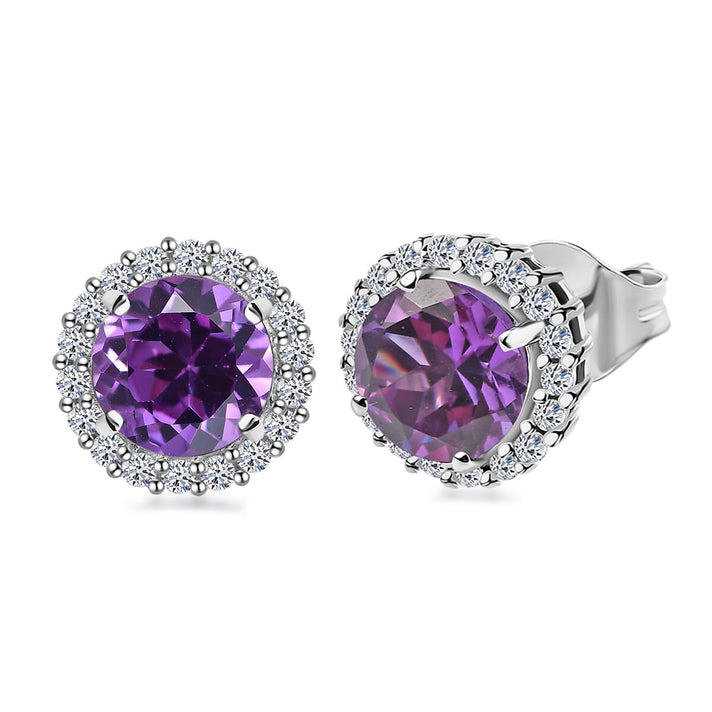 Certified &amp; Appraised LUXURIANT AAA Lab Grown Purple Sapphire, Lab Grown Diamond Halo Earrings in 10K White Gold (G-H, SI) 4.24 Ct. 8112453 1