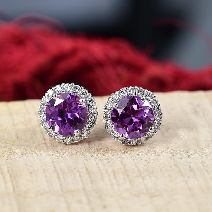 Certified &amp; Appraised LUXURIANT AAA Lab Grown Purple Sapphire, Lab Grown Diamond Halo Earrings in 10K White Gold (G-H, SI) 4.24 Ct. 8112453 2