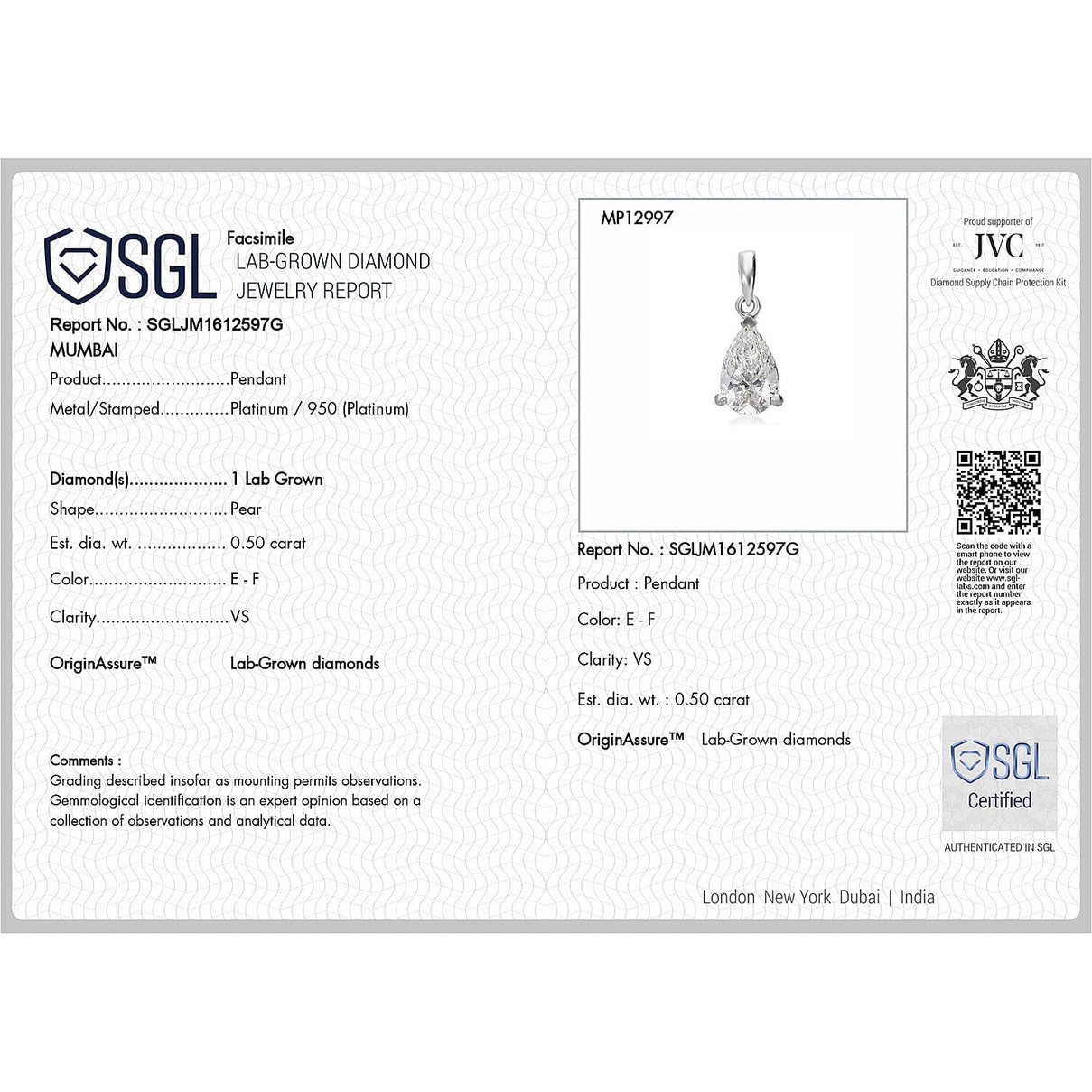 LUXURIANT 950 Platinum SGL Certified Pear Cut Lab Grown Diamond (VS/E-F) Pendant 0.50 Ct. 8114431 6