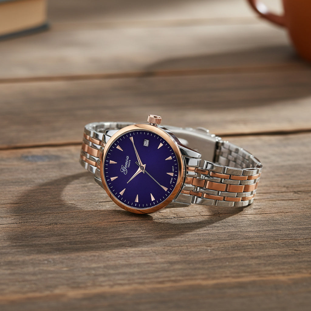 CLASSIC GENOA TIME V2 Miyota GM12 Japan Movt. 3ATM Water Resistant Blue Dial Watch with Silver and Rose Gold Colour Stainless Steel Strap_8114435_1