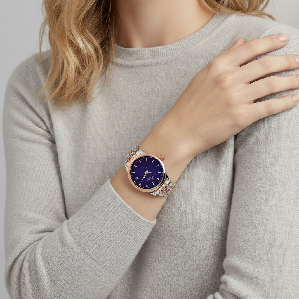 CLASSIC GENOA TIME V2 Miyota GM12 Japan Movt. 3ATM Water Resistant Blue Dial Watch with Silver and Rose Gold Colour Stainless Steel Strap V32522438 3