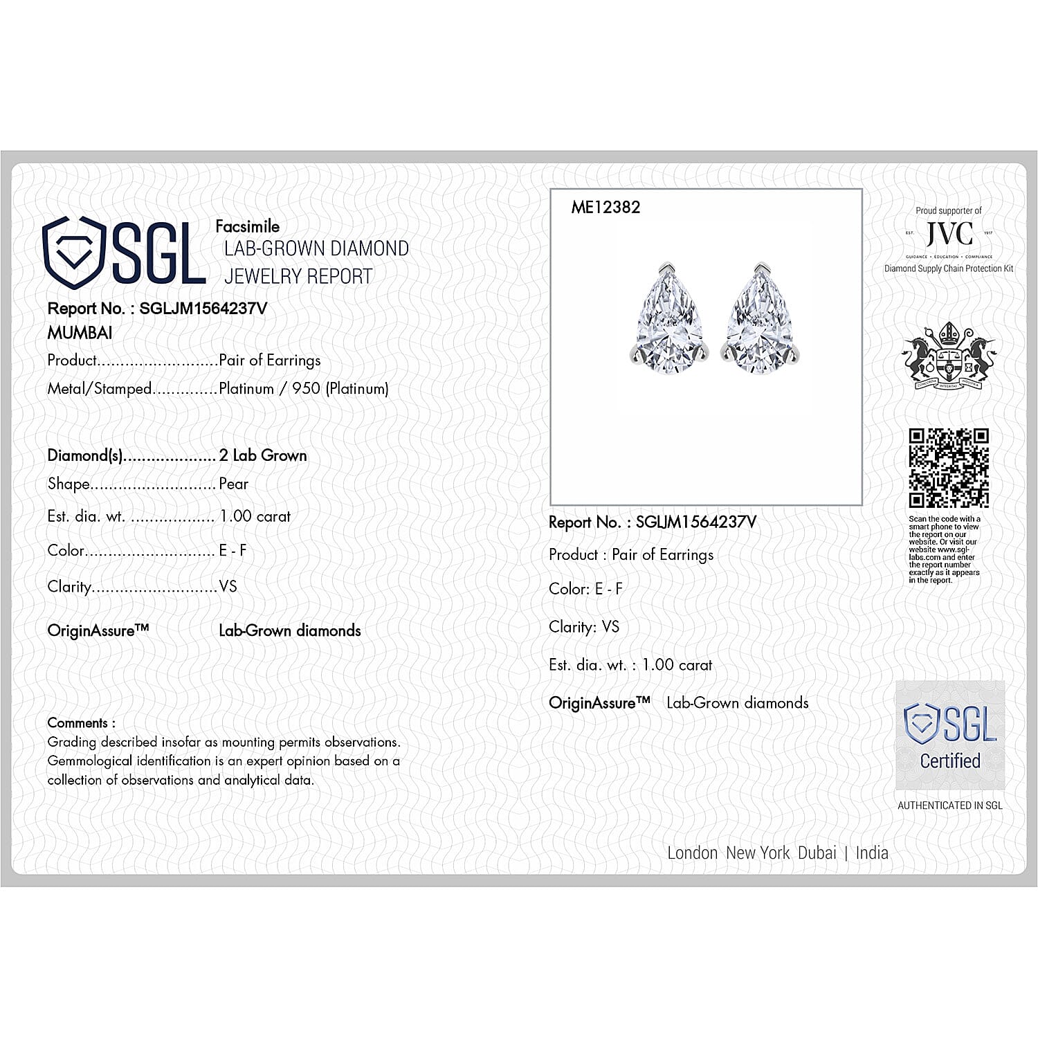 LUXURIANT 1 Ct. Lab Grown Diamond Pear Cut Solitaire Stud Earring with Screw Back in 950 Platinum SGL Certified (VS/E-F) 8114452 5