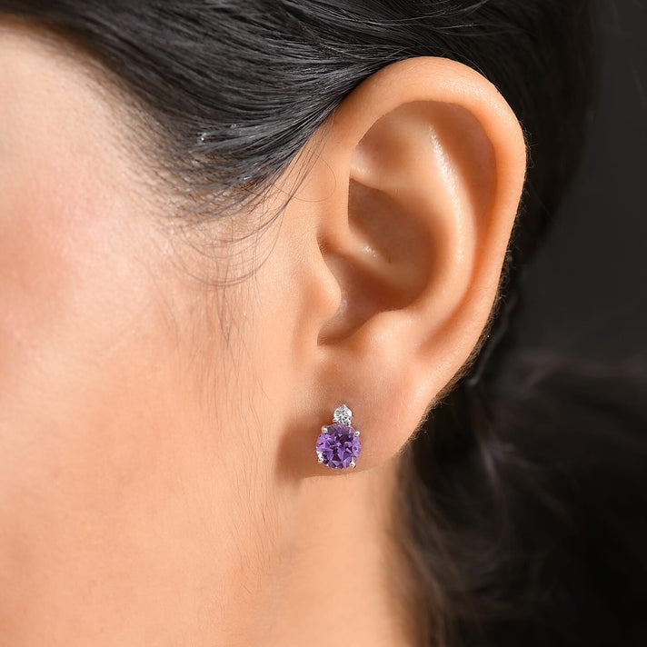 Certified &amp; Appraised LUXURIANT AAA Lab Grown Purple Sapphire, Lab Grown Diamond Solitaire Earring in 10K White Gold, (GH, SI) 3.02 Ct. 8114807 2