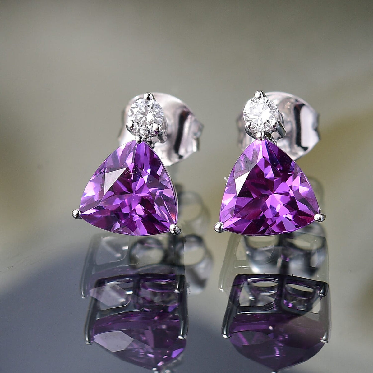 Certified and Appraised LUXURIANT AAA Lab Grown Purple Sapphire, Lab Grown Diamond Solitaire Stud Push Post Earring in 10K White Gold, 2.99 Ct. (GH, SI) 8114808 2