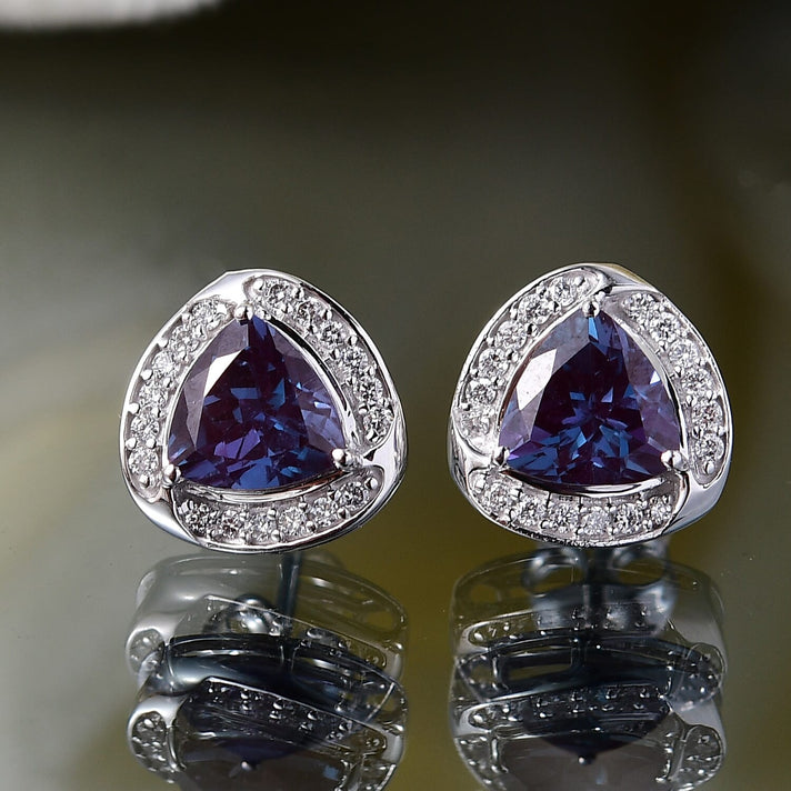 Certified &amp; Appraised LUXURIANT AAA Lab Grown Alexandrite, Lab Grown Diamond Halo Push Post Earring in 10K White Gold 3.18 Ct. 8114843 2