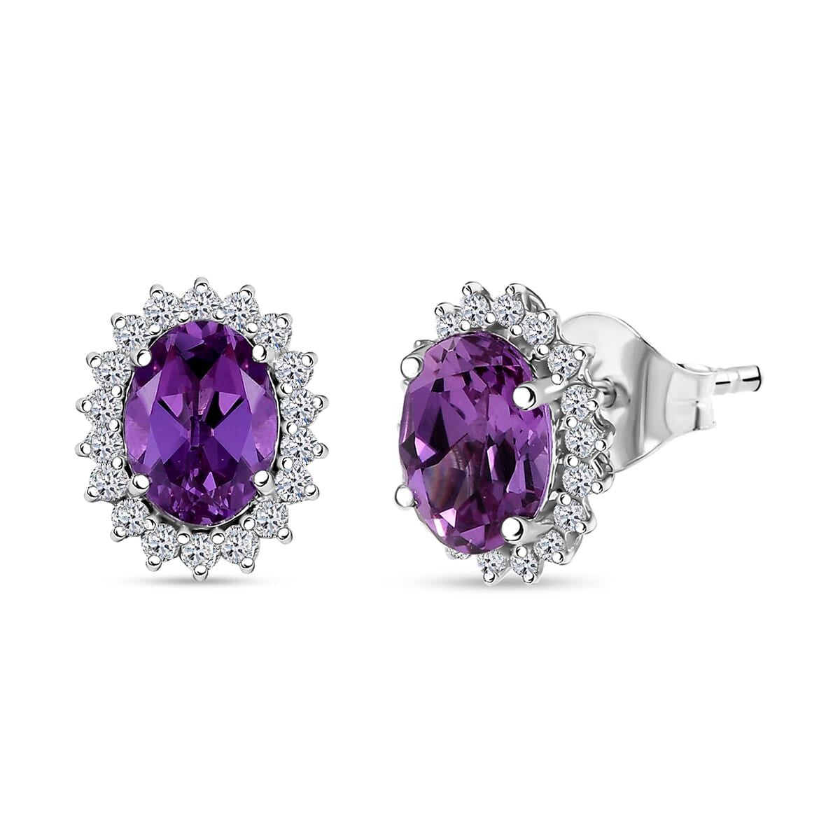 LUXURIANT AAA Lab Grown Purple Sapphire, Lab Grown Diamond Halo Earrings in 10K White Gold (G-H, SI) 8115004 0